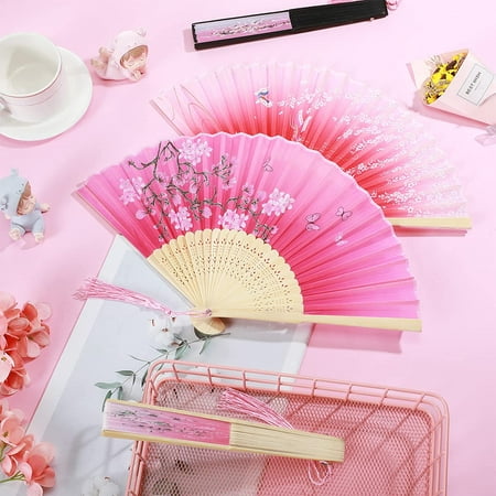 Chinese Folding Hand Fan Japanese Cherry Blossom Design Silk Costume Party Pp 